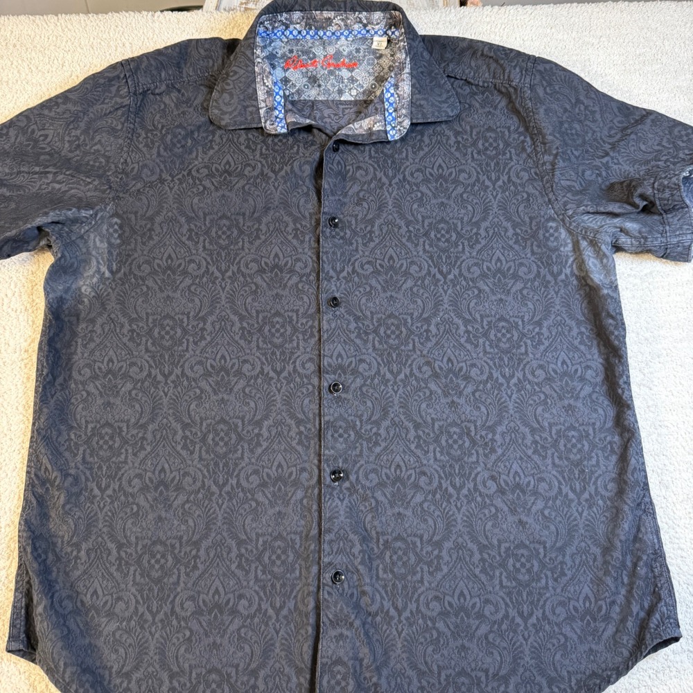 Robert Graham Mens XL Short Sleeve Button Front Shirt Gray Damask Jacquard Logo